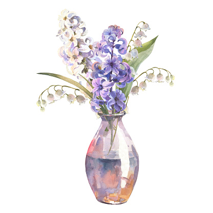 Watercolor illustration. Spring flowers hyacinth and lilies of the valley. Bouquet in a glass vase. Design for printing postcards, invitations to weddings, birthdays, spring holidays, Easter.