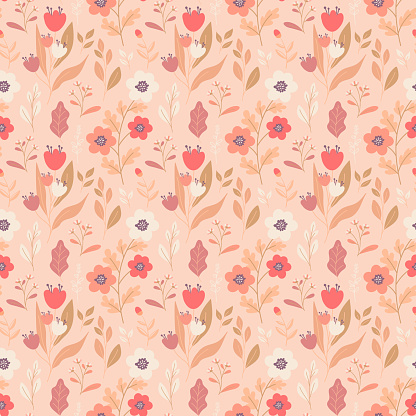 Peach fuzz cute floral seamless pattern. color trend 2024. Botanical elegant small flowers pattern. Vector illustration