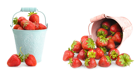 Ripe appetizing strawberries in a bucket isolated on a white background. Collage. Wide photo. There is free space for text.