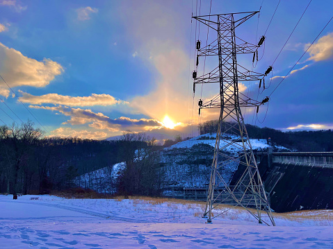 Photo taken at sunset on a snowy day in January. Norris Dam, Tennessee.