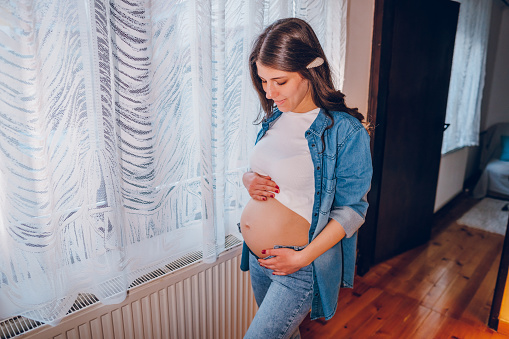 A young beautiful pregnant woman stands by the window and hugs her belly