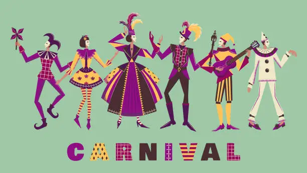 Vector illustration of Colorful characters of the Venetian carnival. Theater actors in carnival costumes. King, Queen and their entourage. Flat vector illustration.