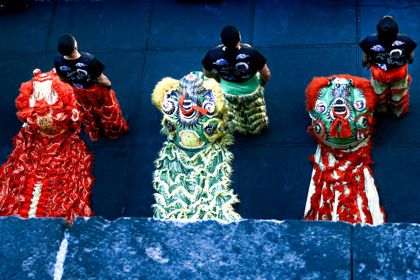 танец льва в мехико, мексика во время китайского нового года - dragon dancer стоковые фото и изображения