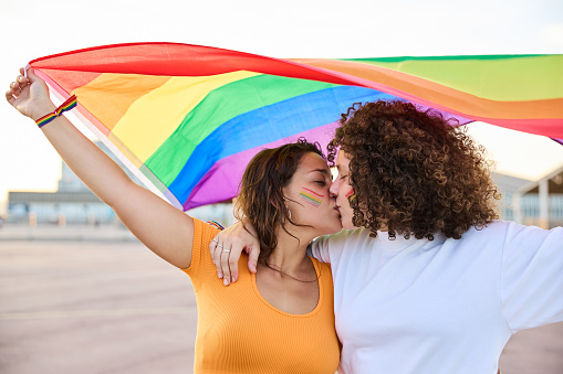 Lesbian, gay, bisexual, transgender social movements. Concept of happiness freedom love same-sex couple