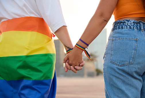 Lesbian, gay, bisexual, transgender social movements. Concept of happiness freedom love same-sex couple