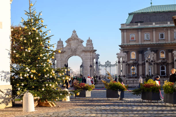 castelo de buda, budapeste, hungria. decoração de natal. - street royal palace of buda budapest hungary - fotografias e filmes do acervo