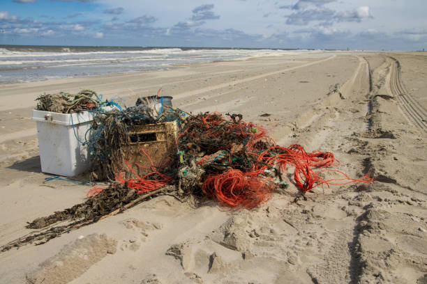 Collection of washed-up litter on the North Sea beach of Vlieland. Nets, cords, plastic, packaging, caps and much more.