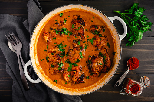 Slow-cooked chicken thighs in a rich cream sauce made with sweet paprika and sour cream