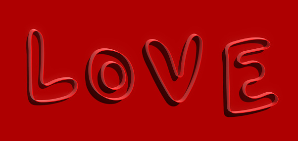 The inscription love on a red background, 3D rendering illustration