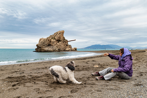 Adult Caucasian woman enjoys a moment of play and activity on the beach with her faithful canine companion.