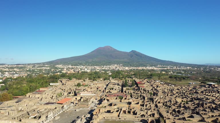 The remains of Pompeii at the foot of Vesuvius in Europe, Italy, Campania, in summer on a sunny day.