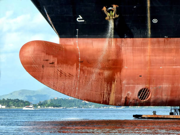bulbus arc d’un immense navire suspendu dans les airs - dry dock harbor cruise ship pier photos et images de collection