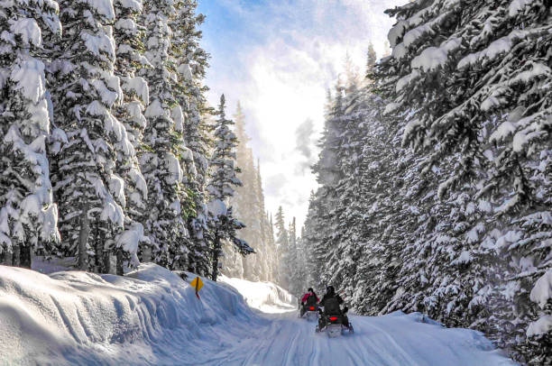 Snowmobile adventure with the one you love in Winter Park Colorado, USA during the peak of winter sports season with tons of snow and fun Snowmobile adventures in the Rocky Mountains of Colorado denver colorado skiing stock pictures, royalty-free photos & images