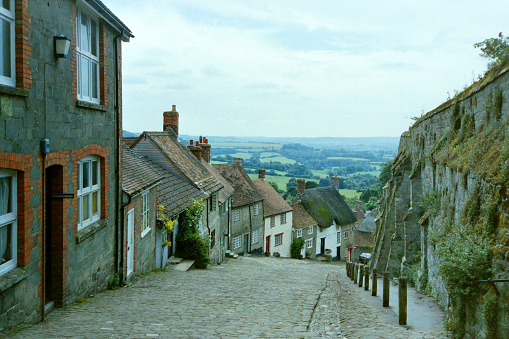 Gold Hill in Shaftesbury, from old film stock in 1988.