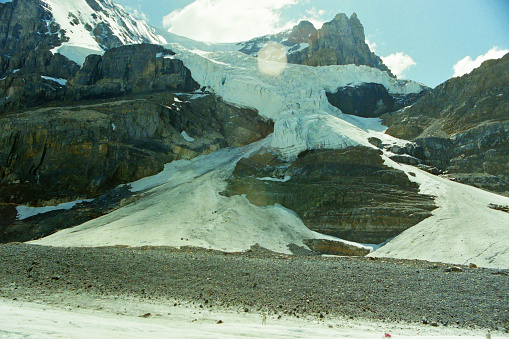 The Athabasca glacier . From old film stock in 1989