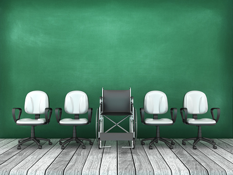 Wheelchair and Office Chairs - Chalkboard Background - 3D Rendering