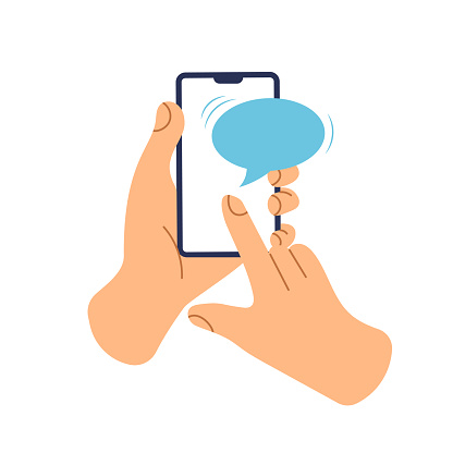Smart phone with chat bubble template. Caution warning on a screen. Mobile phone alert. Hand holds smartphone icon with blank dialog box. Vector illustration in a trendy flat style isolated on white.