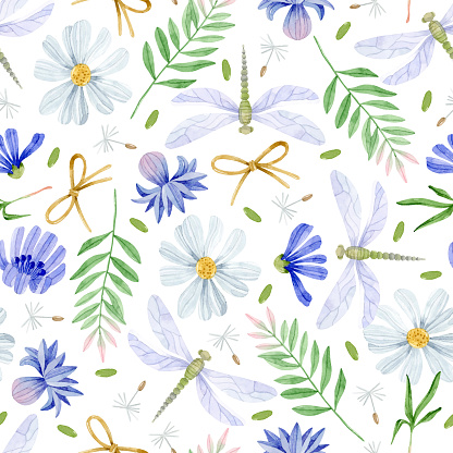 Watercolor seamless pattern with dragonflies, chicory flowers, chamomiles, cornflowers and fern leaves