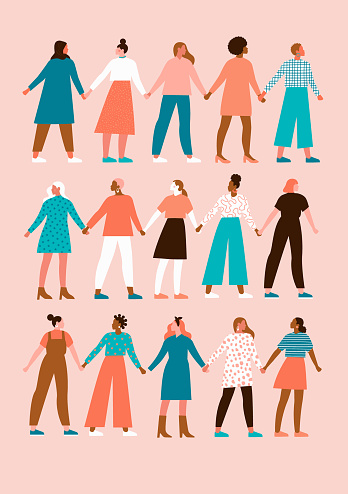 Young women of different ethnicity hold hands together. Strong and brave females support each other. Sisterhood and helpeness poster. Vector illustration