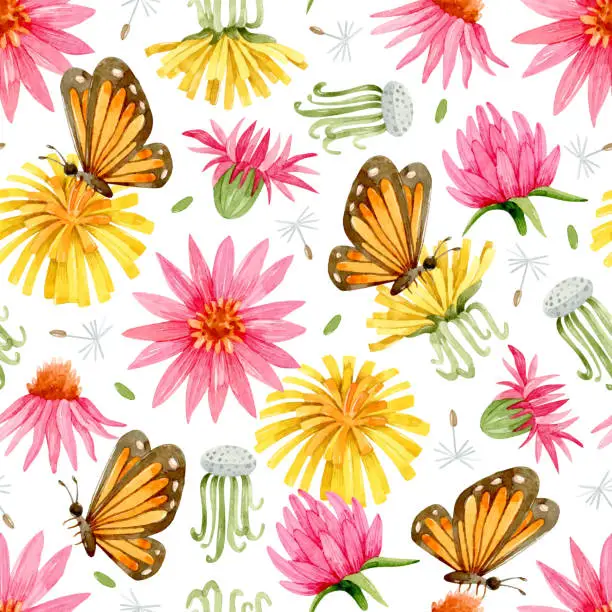 Vector illustration of Watercolor dandelions, coneflowers and Monarch butterflies seamless pattern