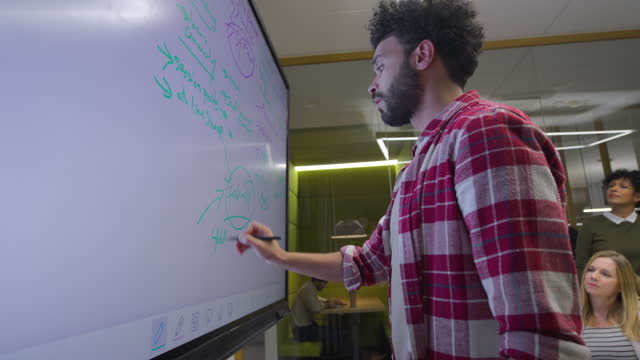 Man writing on the digital display in the conference room while in a meeting with his co-workers