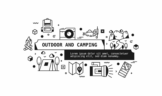 Outdoor And Camping Related Vector Banner Design Concept. Global Multi-Sphere Ready-to-Use Template. Web Banner, Website Header, Magazine, Mobile Application etc. Modern Design.