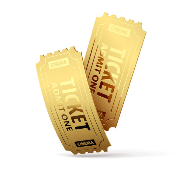 Two Gold cinema tickets for retro movie theater. Vector. Two Gold cinema tickets for retro movie theater. Isolated on white background. Cinematography icon. Vector illustration. voucher stock illustrations