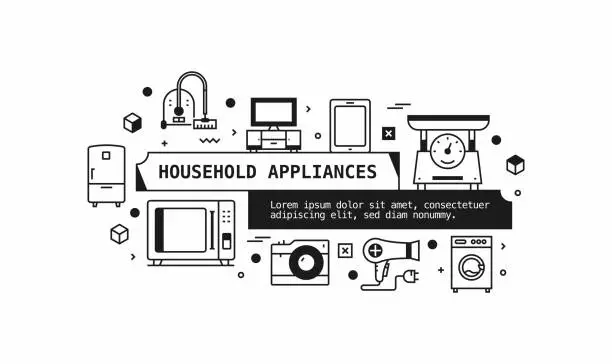 Vector illustration of Household Appliances Related Vector Banner Design Concept. Global Multi-Sphere Ready-to-Use Template. Web Banner, Website Header, Magazine, Mobile Application etc. Modern Design.
