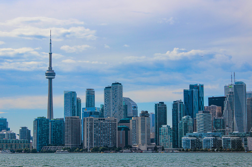 Toronto, Ontario, Canada - September 2023: Classic view of the Toronto Skyline. Picture taken near the shore of Ward's Island, one of the famous Toronto Islands.