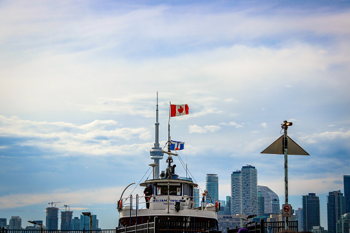 Toronto, Ontario, Canada - September 2023:  View of the Toronto Skyline. Picture taken by the ferry of Ward's Island, one of the famous Toronto Islands.