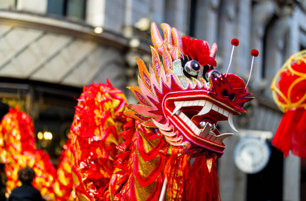 Dragon dance during Chinese lunar year celebrations in London, England stock photo