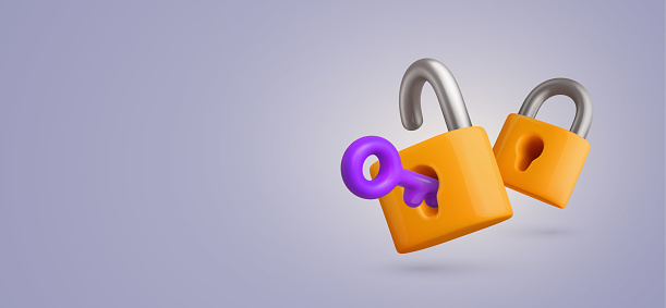 Safety, encryption, protection, privacy, data access.Locked and unlocked 3d locks. Two yellow padlocks with keyhole and purple key cartoon vector illustration on light background