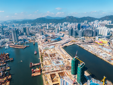 Drone view of Construction site in Kai Tak, Hong Kong