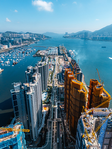 Drone view of Kai Tak Development Area in Kowloon, Hong Kong