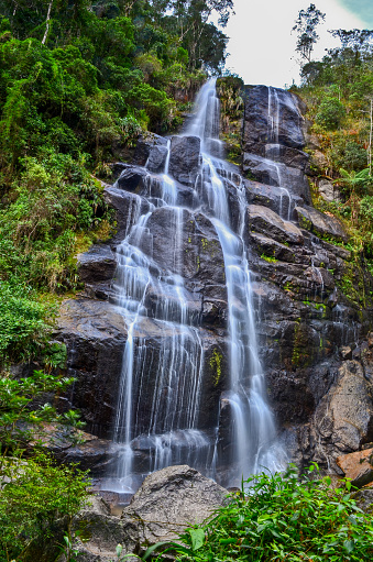 Véu da Noiva (Bridal Veil) waterfall surrounded by the lush subtropical montane rainforest of the lower sector of Itatiaia National Park, Itatiaia, Rio de Janeiro, Brazil.
