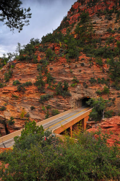The spectacular Utah Scenic Byway 9 from Springdale to Mt. Carmel Junction just after the tunnel, from the start of the Canyon Overlook trail, Zion National Park, Utah, Southwest USA