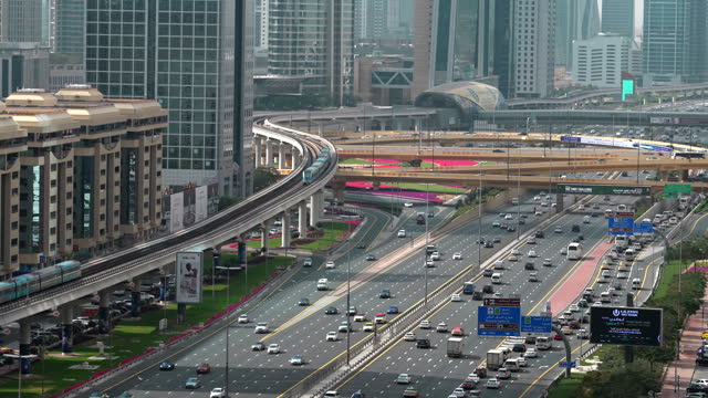 Traffic on Sheikh Zayed Road During Daytime in Dubai, United Arab Emirates (UAE), Establishing Shot