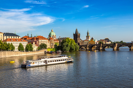 Cityscape of Prague with Vltava river in autumnal morning (Prague, Czech Republic).
