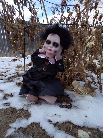 A doll in black sitting in a snowy garden