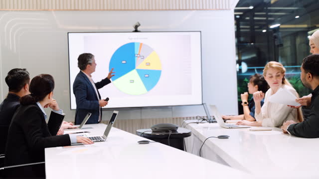Multiracial group of business people having a presentation of business strategy and financial for investment in meeting room at modern office