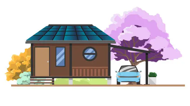 Vector illustration of Private house woods with a garage and a car. Background of summer trees.