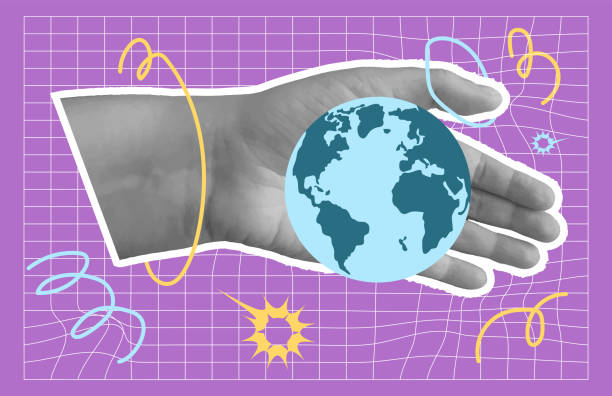 istock International education banner. Planet Earth in collage hands in retro style with doodle element. Global and worldwide learning. Vector illustration 2006319672