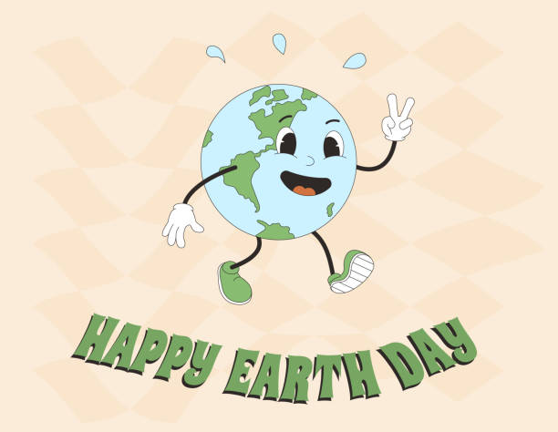 Happy Earth day cover with mascot character walking and showing victory sign. Save the planet retro poster. Vector illustration Happy Earth day cover with mascot character walking and showing victory sign. Save the planet retro poster. Vector illustration. drawing of a save the earth posters stock illustrations