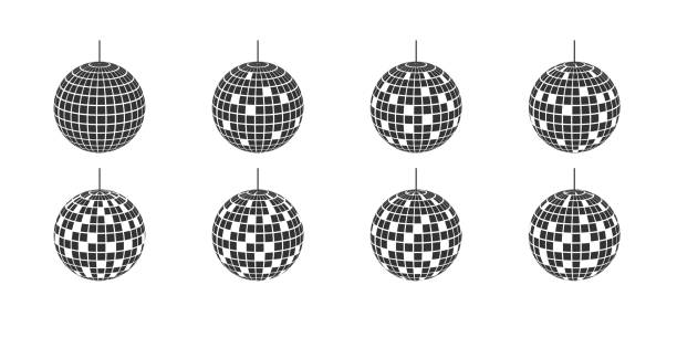 ilustraciones, imágenes clip art, dibujos animados e iconos de stock de conjunto de bolas de discoteca de espejo con texturas de píxeles en blanco y negro. bolas de espejos vintage en estilo discoteca de los años 70, 80 y 90. esferas brillantes de clubes nocturnos. bolas de purpurina de la fiesta de la música de baile - disco ball 1970s style 1980s style nightclub