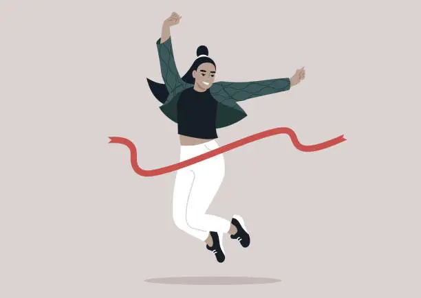 Vector illustration of An animated character with a joyful expression crosses the finish line with arms raised in a victorious leap, embodying the ecstasy of success