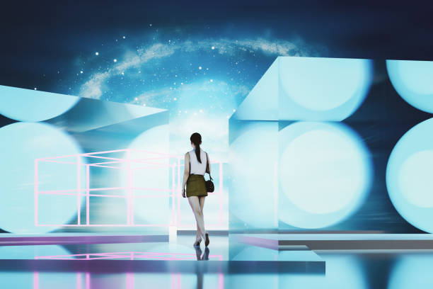 istock Young woman walking in VR environment 2006338424