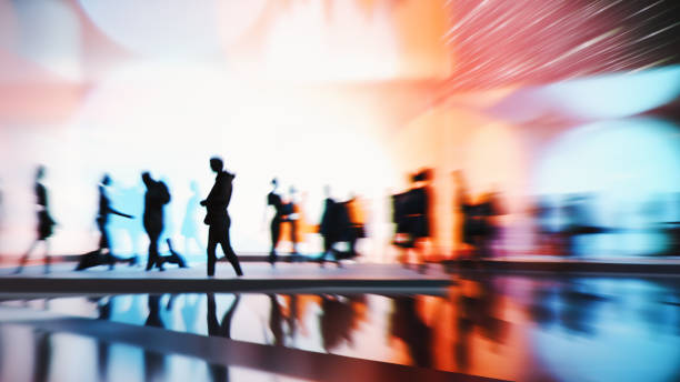 People silhouettes walking in VR environment