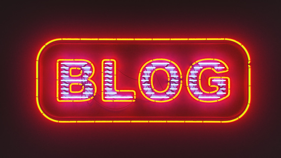 Blog word as neon sign. 3D generated image.
