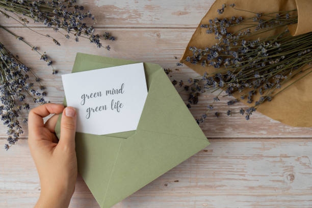 istock Female hands taking paper card note with text GREEN MIND GREEN LIFE from envelope. Lavender flower. Top view, flat lay. Concept of eco sustainability lifestyle mental spiritual health 2006363548