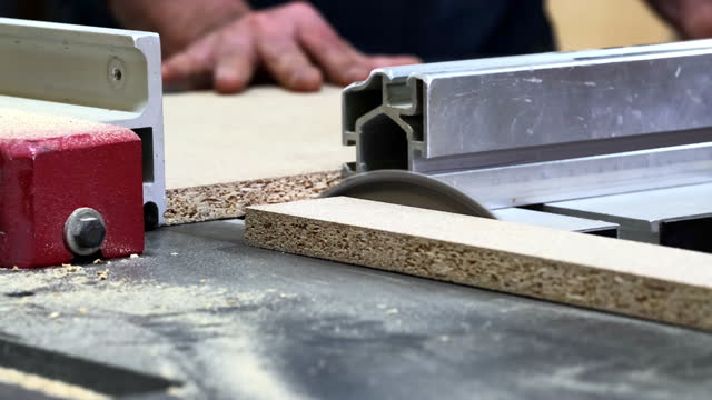 The detailed process of cutting wood on a tilting circular saw